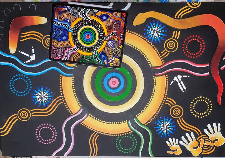 Art by First Nations artist Chern'ee Sutton, collaborator for Australia & New Zealand 2023 brand identity