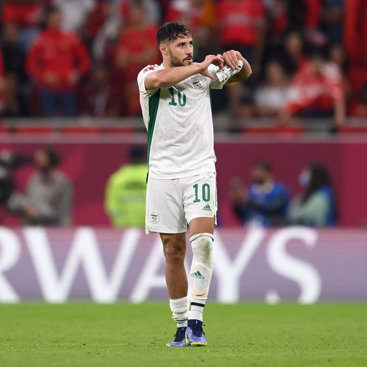 DOHA, QATAR - DECEMBER 11: Mohammed Belaili of Algeria celebrates after scoring their team's second goal during the FIFA Arab Cup Qatar 2021 Quarter-Final match between Morocco and Algeria at Al Thumana Stadium on December 11, 2021 in Doha, Qatar. (Photo by David Ramos - FIFA/FIFA via Getty Images)