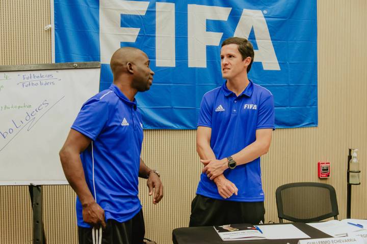 Gersley Gijsbertha, Curacao (Left) and Guillermo Echevarria, Peru (Right) during the course for new Technical Directors at the Colombian Football Federation Technical Centre in Barranquilla