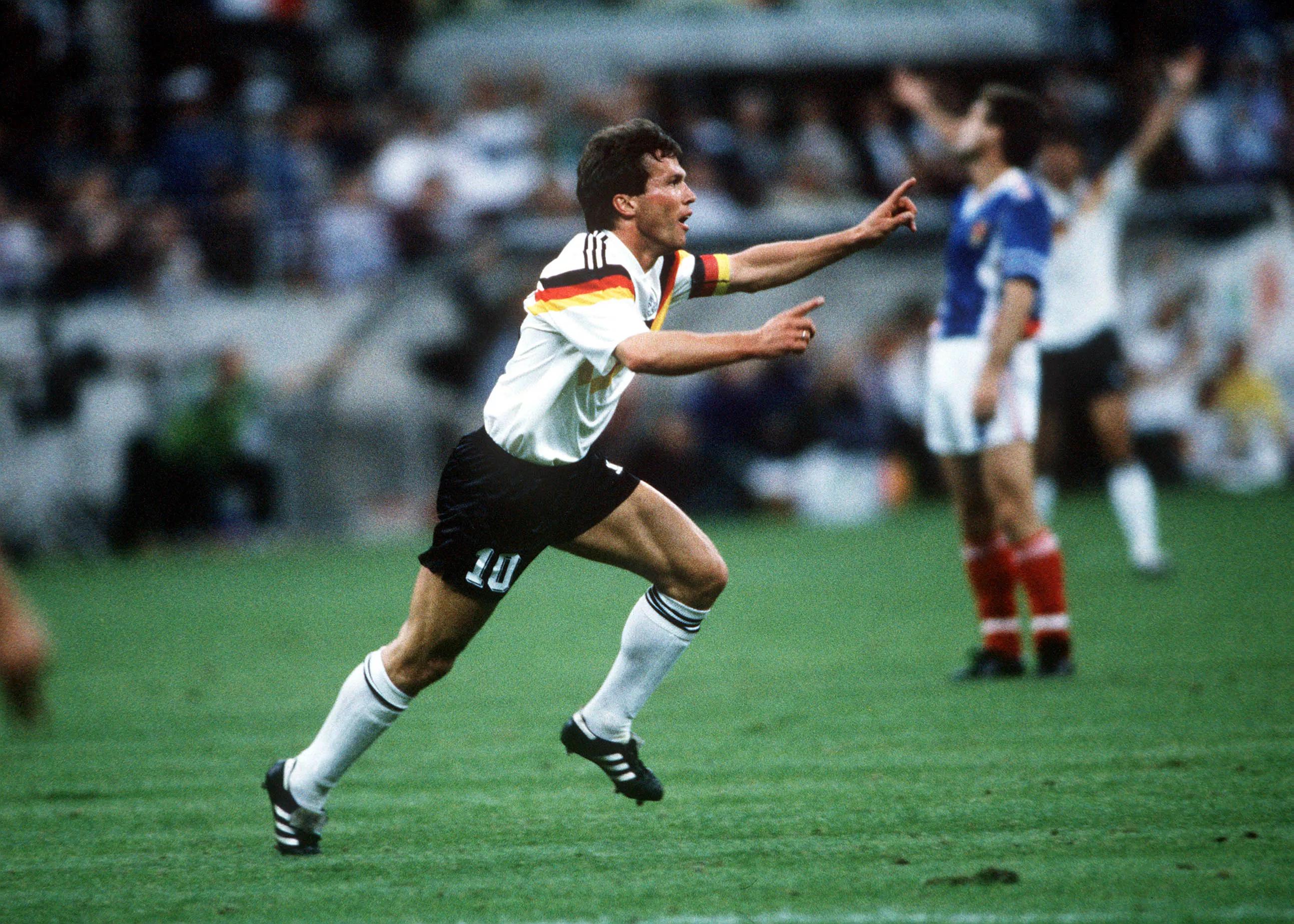 Lothar Matthaus celebrates scoring for West Germany against Yugoslavia at Italy 1990