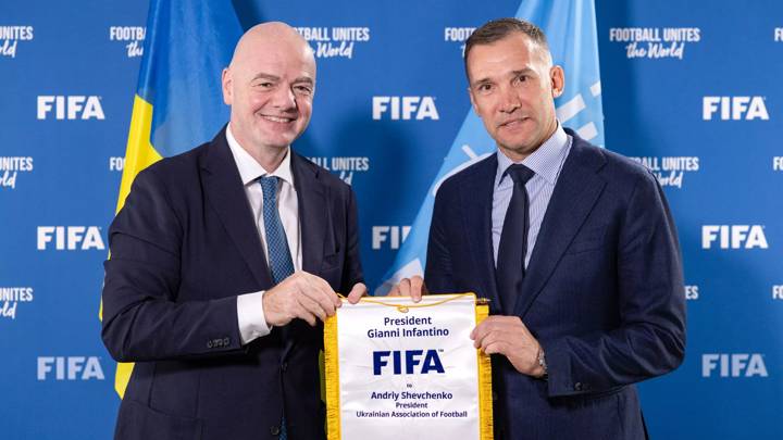 PARIS, FRANCE - FEBRUARY 7: FIFA President Gianni Infantino with the Ukrainian Association of Football President Andriy Shevchenko during a FIFA Meeting with The Ukrainian Association of Football at FIFA Paris Office on February 7, 2024 in Paris, France. (Photo by Léo-Paul Ridet/FIFA)