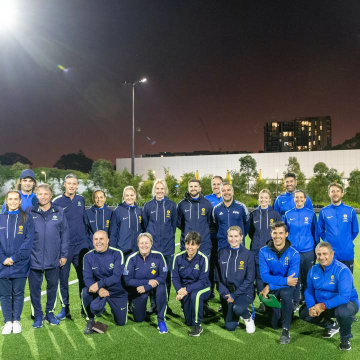 SYDNEY, AUSTRALIA - MAY 06: Instuctors, students and players pose for a team photo at field  sessions during the FIFA Coach Education Development Pathway - Australia at Gunyama Park, Zetland on May 6, 2022 in Sydney, Australia. (Photo by Jenny Evans/FIFA via Getty Images)