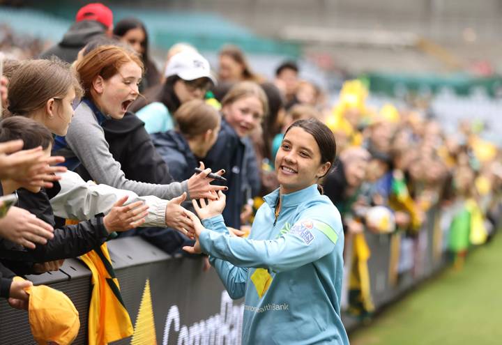 Sam Kerr of the Matildas thanks fans after winning the Women's International Friendly match between the Australia Matildas and Brazil.