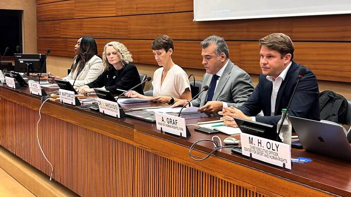 GENEVA, SWITZERLAND - September 6; FIFA Head of Human Rights & Anti-Discrimination Andreas Graf speaking at a United Nations Human Rights in Geneva, Switzerland on September 06, 2023. (Photo by FIFA)