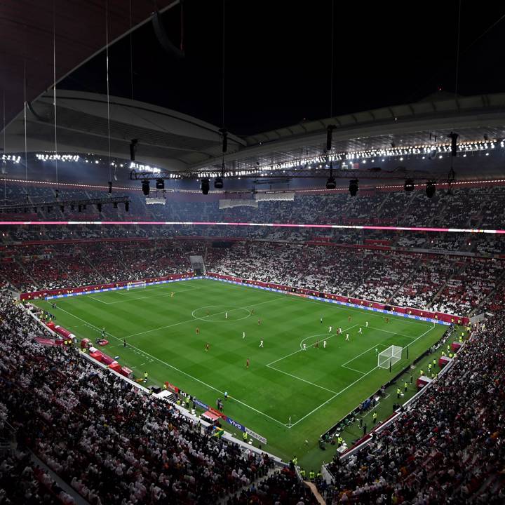 AL KHOR, QATAR - NOVEMBER 30: General view inside the stadium during the FIFA Arab Cup Qatar 2021 Group A match between Qatar and Bahrain at Al Bayt Stadium on November 30, 2021 in Al Khor, Qatar. (Photo by Michael Regan - FIFA/FIFA via Getty Images)