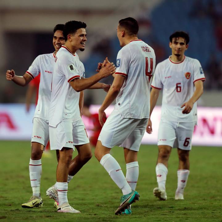 Indonesia players celebrate the team's 3-0 victory in the FIFA World Cup Asian second qualifier Group F match between Vietnam and Indonesia at My Dinh National Stadium on March 26, 2024 in Hanoi, Vietnam.