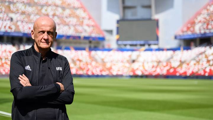 ABU DHABI, UNITED ARAB EMIRATES - FEBRUARY 09: FIFA Referee Committee Chairman Pierluigi Collina during a FIFA Semi-Automated Offside Technology Demonstration as part of the Mohammed Bin Zayed stadium on February 9, 2022 in Abu Dhabi, United Arab Emirates. (Photo by Harold Cunningham/FIFA)