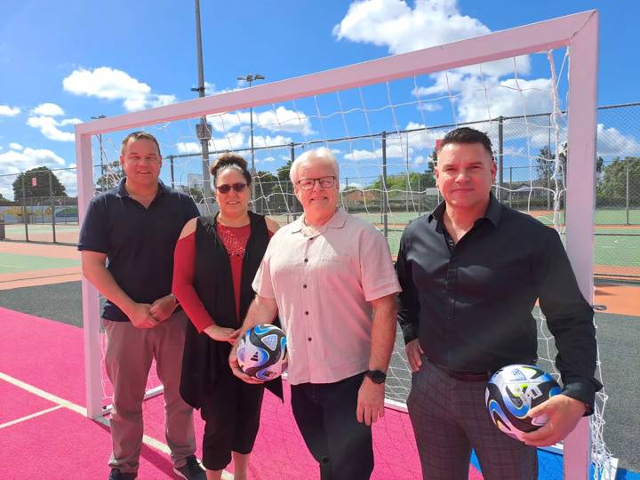 Councillor Daniel Newman, General Manager of Manurewa Netball Briar Martindale, Manurewa Local Board Chair Glen Murphy, Manurewa Local Board Deputy Chair Matt Winiata at the Unity Pitch in South Auckland 