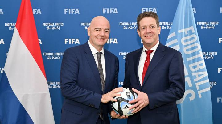 PARIS, FRANCE - FEBRUARY 28: FIFA President Gianni Infantino during a meeting with Royal Netherlands Football Association President Just Spee (R) at FIFA Paris Office on February 28, 2023 in Paris, France. (Photo by Harold Cunningham/FIFA)