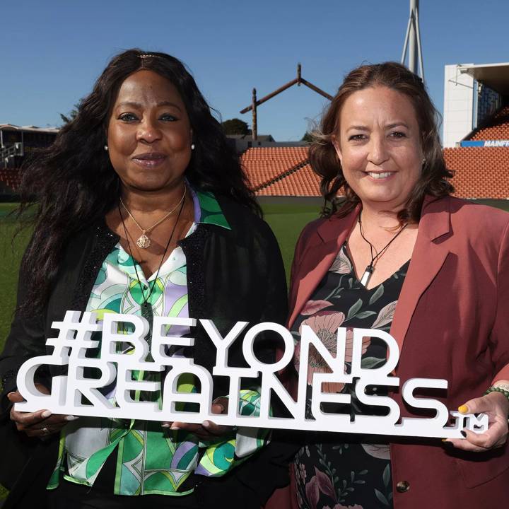 HAMILTON, NEW ZEALAND - MAY 11: FIFA General Secretary Fatma Samoura and Paula Hansen, GM Women’s World Cup & Legacy, NZ Football at Waikato Stadium as part of a FIFA Women's World Cup 2023 host city tour on May 11, 2022 in Hamilton, New Zealand. (Photo by Michael Bradley/FIFA via Getty Images)