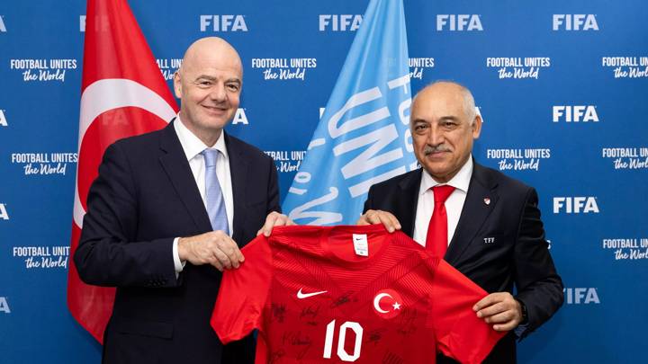 PARIS, FRANCE - FEBRUARY 8: FIFA President Gianni Infantino with The Turkish Football Association President Mehmet Büyükeksi during FIFA Meeting with The Turkish Football Association at FIFA Paris Office on February 8, 2024 in Paris, France. (Photo by Léo-Paul Ridet/FIFA)