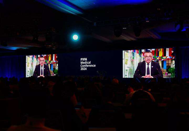  WHO Director-General Dr Tedros Adhanom Ghebreyesus delivers a video message during the FIFA Medical Conference 2024