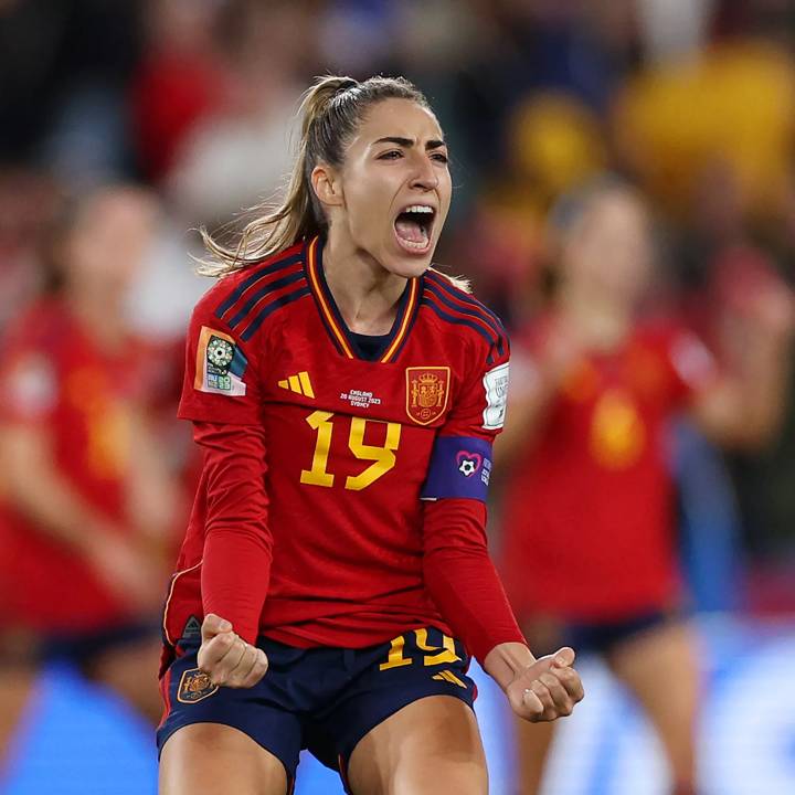 SYDNEY, AUSTRALIA - AUGUST 20: Olga Carmona of Spain celebrates after scoring her team's first goal during the FIFA Women's World Cup Australia & New Zealand 2023 Final match between Spain and England at Stadium Australia on August 20, 2023 in Sydney, Australia. (Photo by Elsa - FIFA/FIFA via Getty Images)