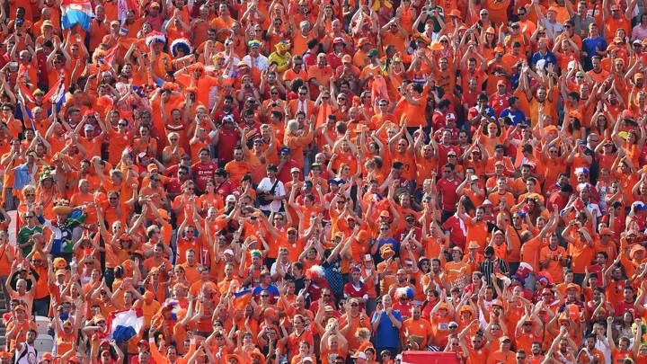 SAO PAULO, BRAZIL - JUNE 23:  A general view of Dutch fans during the 2014 FIFA World Cup Brazil Group B match between Netherlands and Chile at Arena de Sao Paulo on June 23, 2014 in Sao Paulo, Brazil.  (Photo by Mike Hewitt - FIFA/FIFA via Getty Images)