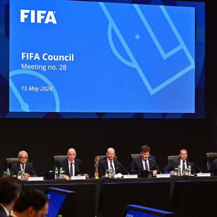 BANGKOK, THAILAND - MAY 15: FIFA President Gianni Infantino with (L-R) FIFA Senior Vice-President and AFC President HE Sheikh Salman Bin Ebrahim Al Khalifa, FIFA Secretary General ad interim Mattias Grafström, FIFA Vice-President and CONMEBOL President Alejandro Dominguez, FIFA Vice-President and UEFA President Aleksander Čeferin and FIFA Vice-President and CAF President Patrice Motsepe during the FIFA Council Meeting at The Athenee Hotel on May 15, 2024 in Bangkok, Thailand. (Photo by  Harold Cunningham/FIFA)