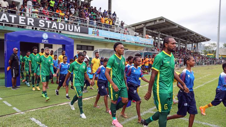 Vanuatu enter the field for their opening match at the 2024 OFC Nations Cup against Solomon Islands at Freshwater Stadium, Port Vila. (Image courtesy of OFC via Phototek)