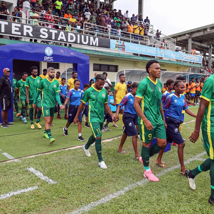 Vanuatu enter the field for their opening match at the 2024 OFC Nations Cup against Solomon Islands at Freshwater Stadium, Port Vila. (Image courtesy of OFC via Phototek)