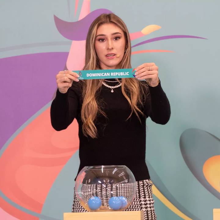 ANTO DOMINGO, DOMINICAN REPUBLIC - JUNE 22: Tatiana Flores draws teams during the official draw of FIFA U-17 Women's World Cup Dominican Republic 2024 in Fray Anton de Montesinos Monument on June 22, 2024 in Santo Domingo, Dominican Republic.(Photo by Jaydee Lee Serrano - FIFA/FIFA via Getty Images)