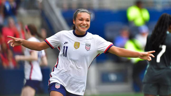 USA forward Sophia Smith (11) celebrates after scoring during their women's international friendly football match between the USA and Nigeria at Children's Mercy Park Stadium in Kansas City, Kansas, on September 3, 2022. (Photo by Tim VIZER / AFP) (Photo by TIM VIZER/AFP via Getty Images)