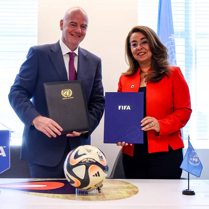 NEW YORK, NEW YORK - SEPTEMBER 21: FIFA President Gianni Infantino and United Nations Office on Drugs and Crime (UNODC) Executive Director Ghada Waly sign a memorandum of understanding in New York, United States of America on September 21, 2023. (Photo by Dustin Satloff - FIFA/FIFA via Getty Images)