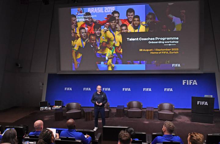 Ulf Schott presents to Talent Coaches in the Auditorium at the Home of FIFA 