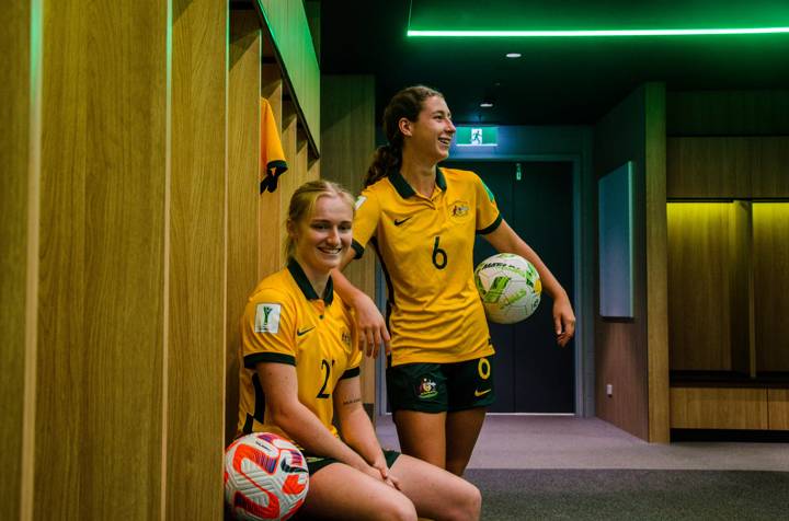 Australia's Sarah Hunter and Abbey Lemon inspect the new gender neutral change rooms at Stadium Australia in Sydney, venue for the 2023 FIFA Women's World Cup Final