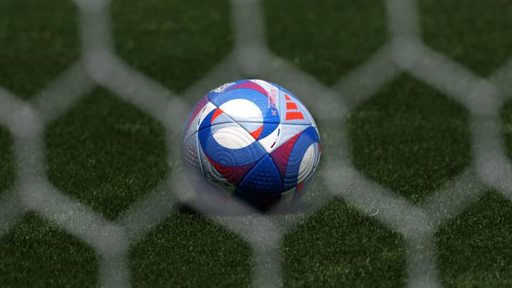 PARIS, FRANCE - JULY 24: A detailed view of the Adidas Ile de Foot 24 match ball seen through the goal netting prior to the Men's group C match between Uzbekistan and Spain during the Olympic Games Paris 2024 at Parc des Princes on July 24, 2024 in Paris, France. (Photo by Carl Recine/Getty Images)