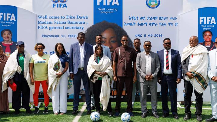 DIRE DAWA, ETHIOPIA - NOVEMBER 16: Secretary General of FIFA, Fatma Samoura, partakes in a group photo at the launch of a FIFA Football For Schools event on November 16, 2023 in Dire Dawa, Ethiopia. (Luke Dray - FIFA/FIFA via Getty Images)