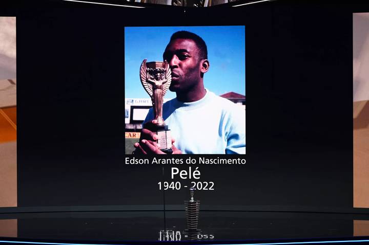 A tribute in remembrance of Pele is shown during The Best FIFA Football Awards 2022 