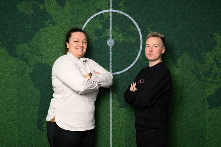 Katarzyna Barlewicz (L) and Beverly Priestman during a Portrait session as part of FIFA's Coach Mentorship Programme 