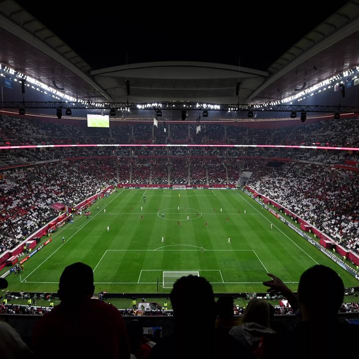 AL KHOR, QATAR - NOVEMBER 30: General view inside the stadium during the FIFA Arab Cup Qatar 2021 Group A match between Qatar and Bahrain at Al Bayt Stadium on November 30, 2021 in Al Khor, Qatar. (Photo by Michael Regan - FIFA/FIFA via Getty Images)