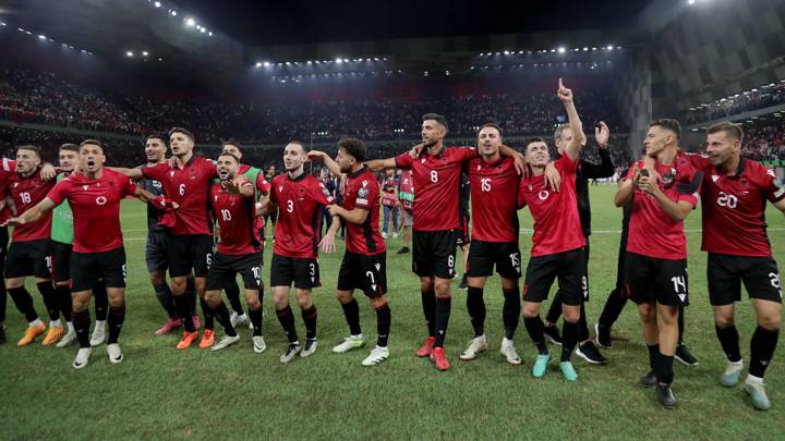 Albania's players celebrate after winning at the end of the UEFA Euro 2024 Group E qualification match between Albania and Poland, at The "Air Albania" stadium in Tirana on September 10, 2023. (Photo by ADNAN BECI / AFP) (Photo by ADNAN BECI/AFP via Getty Images)