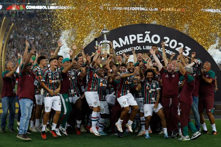 Fluminense celebrate winning the Copa Libertadores at Maracana Stadium on November 04, 2023 