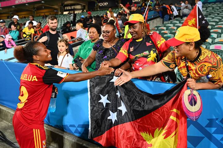 Rayleen Bauelua of Papua New Guinea thanks fans after the 2023 FIFA Women's World Cup Play Off Tournament match between Papua New Guinea and Panama