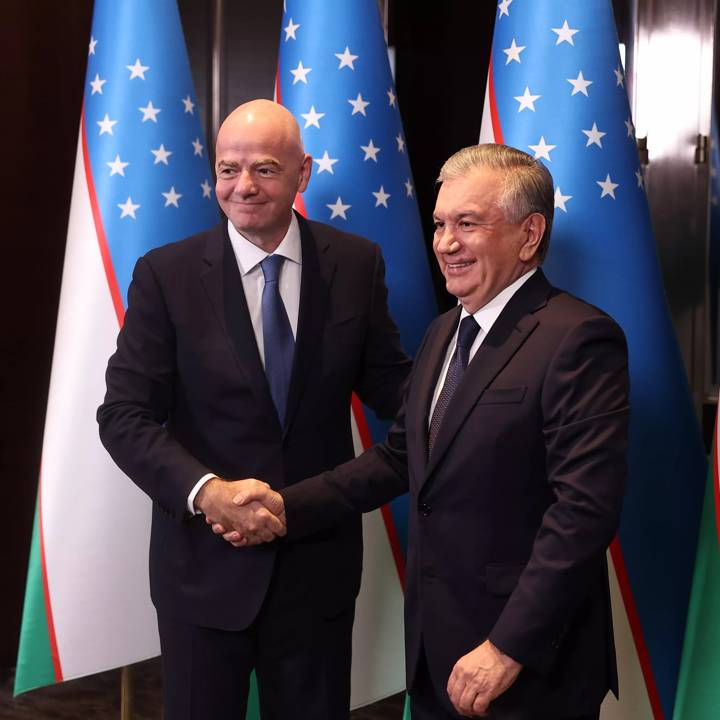 NEW YORK, NEW YORK - SEPTEMBER 20: FIFA President Gianni Infantino meets with H.E. Mr. Shavkat Mirziyoyev, President of the Republic of Uzbekistan in New York, United States of America on September 20, 2023. (Photo by Dustin Satloff - FIFA/FIFA via Getty Images)