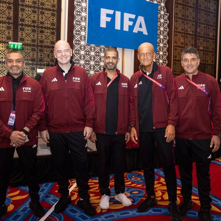 DOHA, QATAR - NOVEMBER 10: (L-R) Hany Taleb Ballan Al Raeesi, FIFA President Gianni Infantino, Q22 CEO Nasser Al Khater, FIFA Referee Committee Chairman Pierluigi Collina and FIFA Refereeing Director Massimo Busacca during a visit by FIFA President Gianni Infantino with FIFA World Cup Qatar 2022 Match Officials on November 10, 2022 in Doha, Qatar. (Photo by Serhat Akin/FIFA)