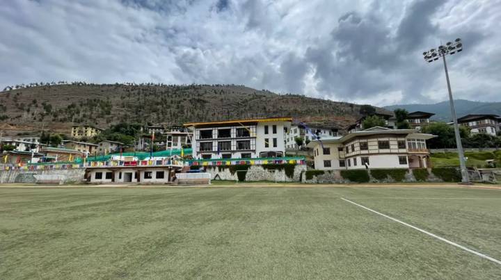 A front view of the Changjiji Football Academy in Bhutan