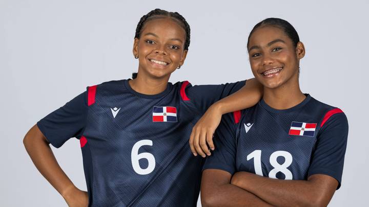 SANTIAGO DE LOS CABALLEROS, DOMINICAN REPUBLIC - OCTOBER 11: (L-R) Yuleinis Brito and Leoneidy Sano of the Dominican Republic pose for a portrait during the FIFA U-17 Women's World Cup Dominican Republic 2024 Portrait Session on October 11, 2024 in Santiago De Los Caballeros, Dominican Republic. (Photo by Pedro Vilela - FIFA/FIFA via Getty Images)