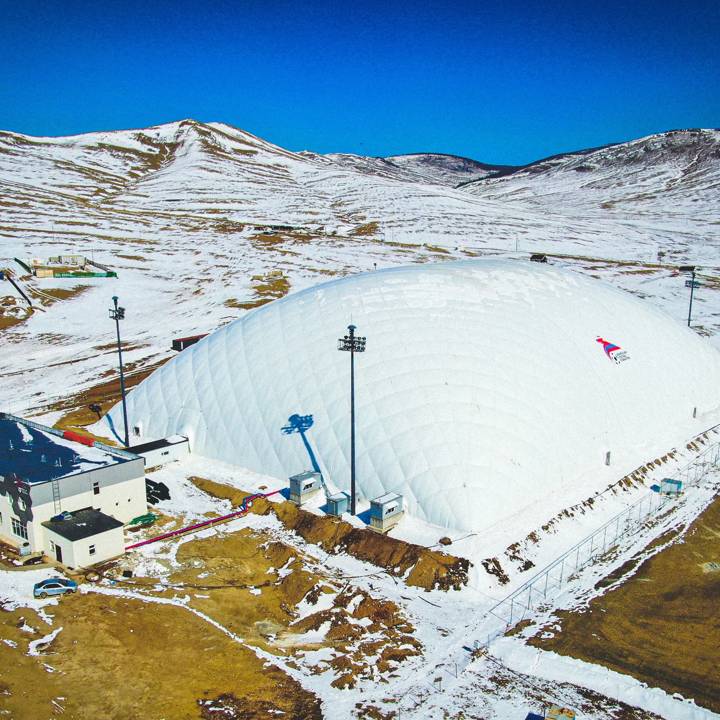 A bird's eye view of newly constructed air-dome at the MFF National Teams Training Centre of Mongolia.