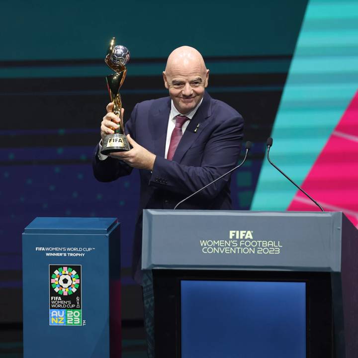 SYDNEY, AUSTRALIA - AUGUST 18: FIFA President Gianni Infantino speaks on stage during the FIFA Women's Football Convention at the International Convention Centre, Darling Harbour on August 18, 2023 in Sydney / Gadigal, Australia. (Photo by Elsa - FIFA/FIFA via Getty Images)