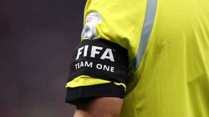 AL KHOR, QATAR - DECEMBER 14: The FIFA team one arm band on the assistant referee during the FIFA World Cup Qatar 2022 semi final match between France and Morocco at Al Bayt Stadium on December 14, 2022 in Al Khor, Qatar. (Photo by Catherine Ivill/Getty Images)