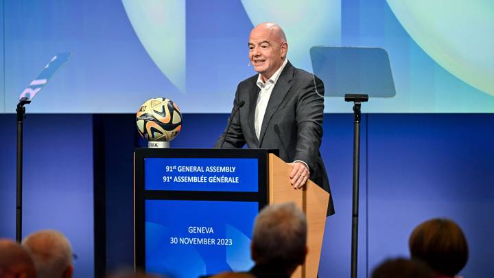 GENEVA, SWITZERLAND - NOVEMBER 30: FIFA President Gianni Infantino speaks during the EBU General Assembly on November 30, 2023 in Geneva, Switzerland. (Photo by Harold Cunningham/FIFA)