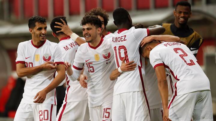  Soccer Football - International Friendly, Länderspiel, Nationalmannschaft - Qatar v Azerbaijan - Nagyerdei Stadion, Debrecen, Hungary - March 27, 2021 Qatar s Hassan Al Haydos celebrates scoring their second goal with teammates FOOTBALL : Qatar vs Azerbaidjan - Match international amical - Debrecen - 27/03/2021 AI/Reuters/Panoramic PUBLICATIONxINxGERxSUIxAUTxHUNxONLY