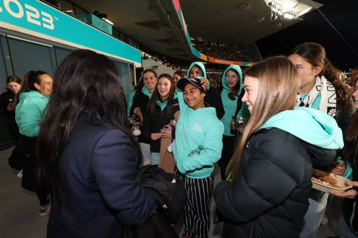 FIFA Secretary General Fatma Samoura with kids group during the FIFA Women's World Cup Australia & New Zealand 2023 Quarter Final match between Japan and Sweden at Eden Park