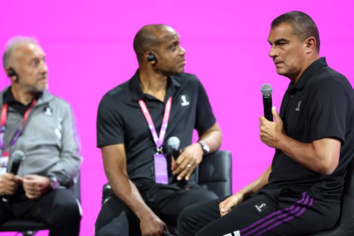 FIFA Technical Study Group members Alberto Zaccheroni of Italy, Sunday Oliseh of Nigeria and Faryd Mondragon of Colombia