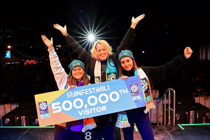 Gerdine Lindhout, FIFA Head of Marketing Operations & Event Promotion, Gerdine Lindhout poses for a photograph with Sarah and Ashleigh, the 500,000th Visitors to the FIFA Fan Festival