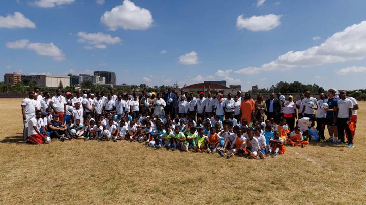 ADDIS ABABA, ETHIOPIA - NOVEMBER 15:  Secretary General of FIFA, Fatma Samoura, partakes in a group photo at a FIFA Football For Schools event on November 15, 2023 in Addis Ababa, Ethiopia. (Luke Dray - FIFA/FIFA via Getty Images)