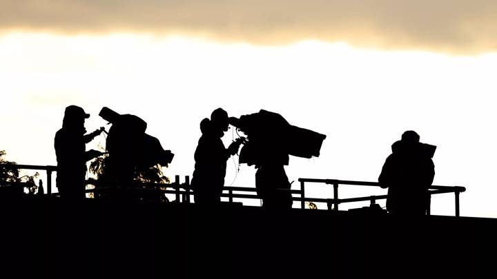 BOREHAMWOOD, ENGLAND - MAY 05: Silhouette of TV Cameras during the FA Women's Super League match between Arsenal and Leicester City at Meadow Park on May 05, 2023 in Borehamwood, England. (Photo by Catherine Ivill/Getty Images)