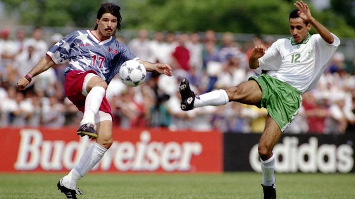 25 MAY 1994:  SAMI AL JABAR OF SAUDI ARABIA #12 BATTLES MARCELO BALBOA OF THE USA DURING THE 0-0 TIE AT RUTGERS UNIVERSITY, NEW JERSEY. Mandatory Credit: Simon Bruty/ALLSPORT