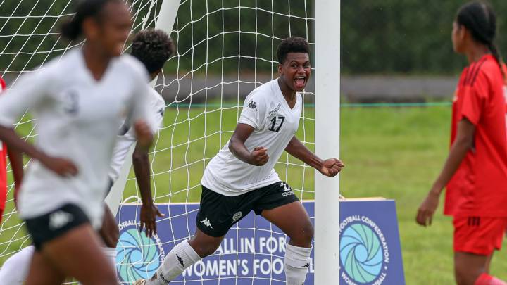 Fiji celebrate a goal at the OFC Women's Olympic Football Tournament in Samoa.